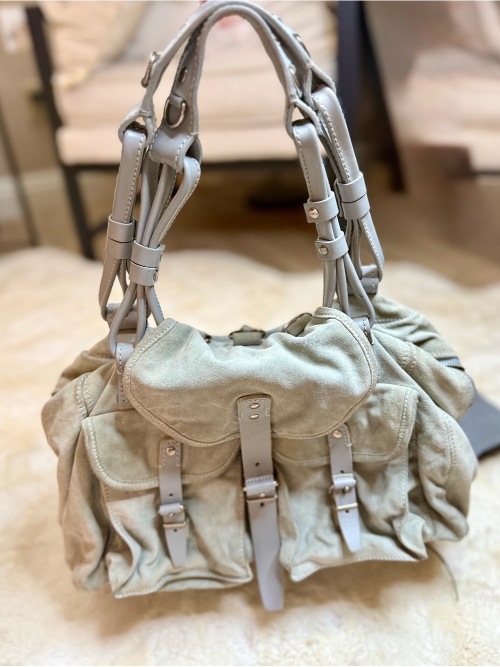 Balenciaga Pale Blue Suede Satchel with Buckle Details - Picture 3 of 13